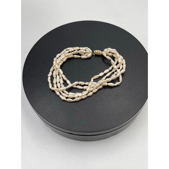 Yellow‎ Gold Clasp Multi Strand White Textured Freshwater Rice Pearl bracelet - Picture 5 of 8